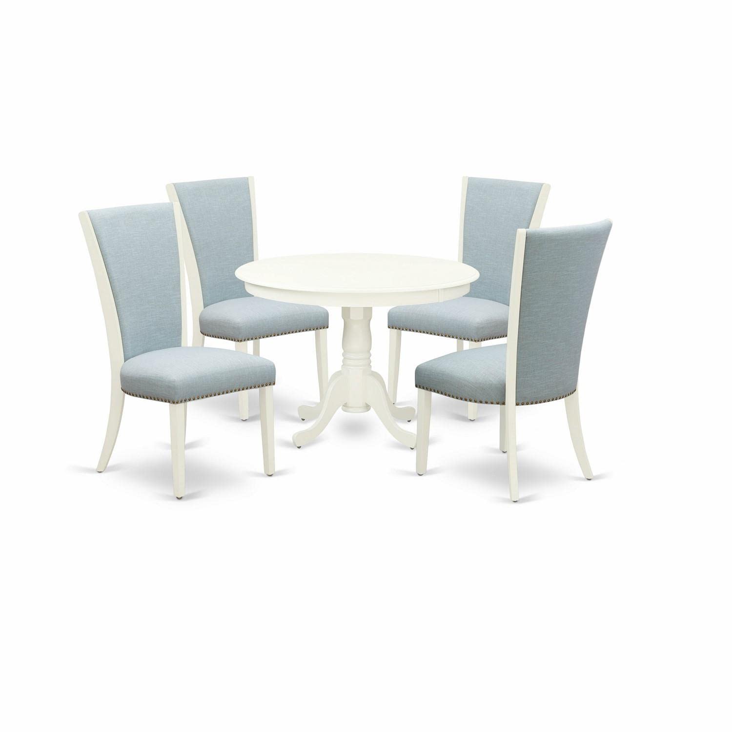 East West Furniture Hlve5-Lwh-15 5 Piece Dining Set Includes A Round Dining Room Table With Pedestal And 4 Baby Blue Linen Fabric Upholstered Chairs, 42X42 Inch, Linen White